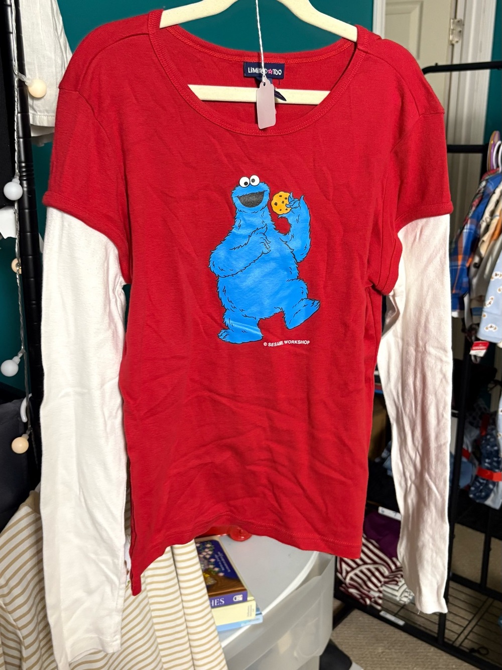 Kids Cookie Monster Two-Tone Long Sleeve Tee - Red & White